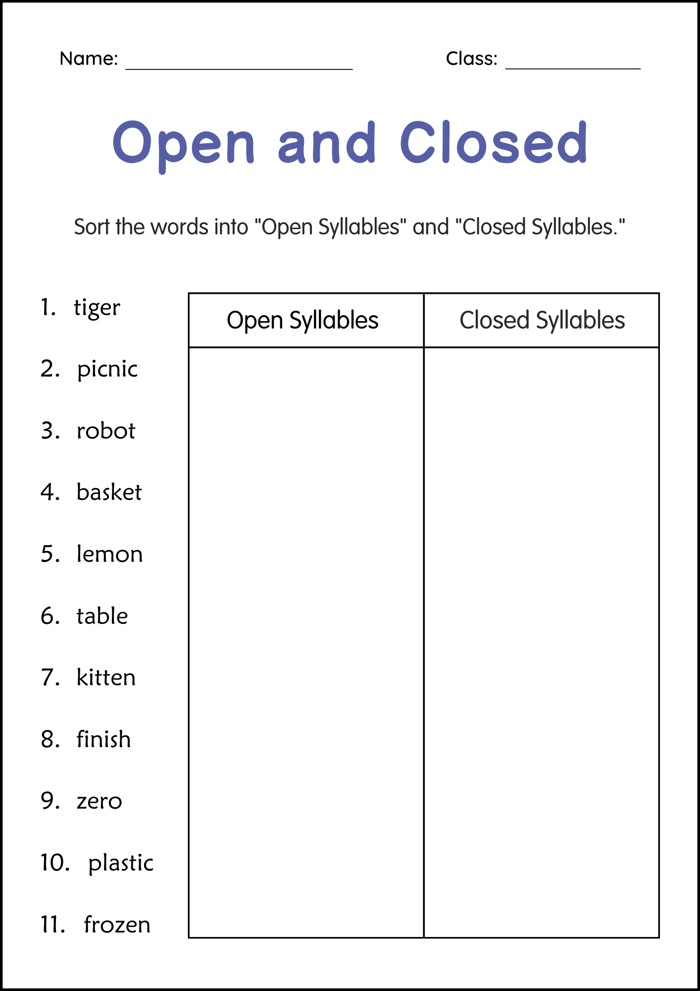 Printable Open And Closed Syllables Grammar Worksheets For Grade 1 2 3 Teaching Resources