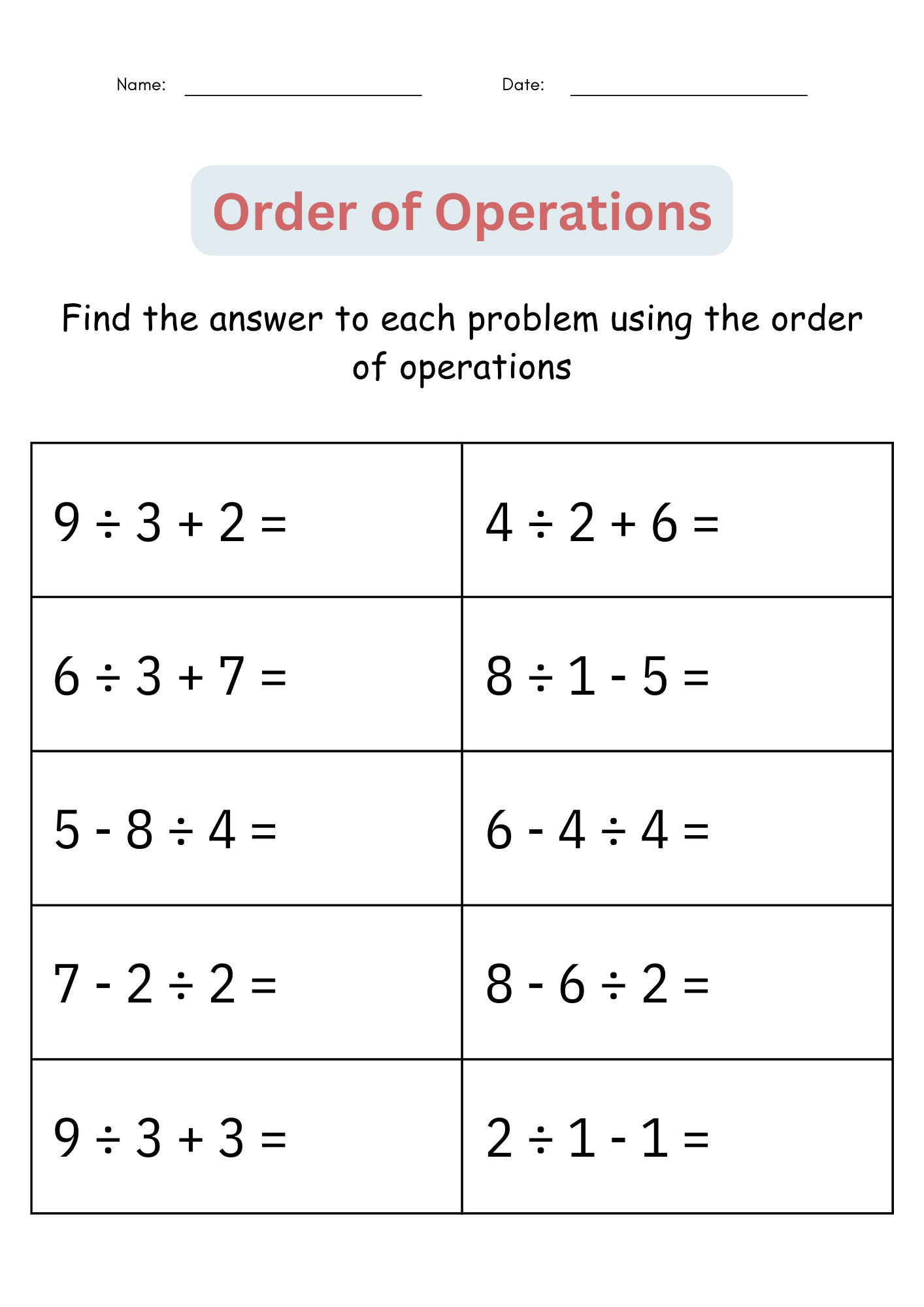 order of operations worksheet