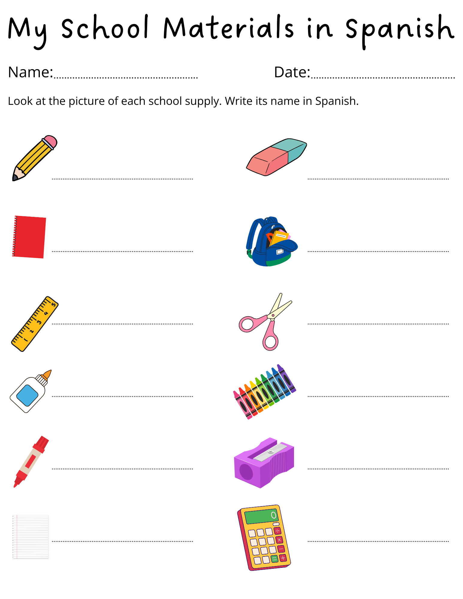 Printable School Supplies In Spanish Worksheet Teaching Resources