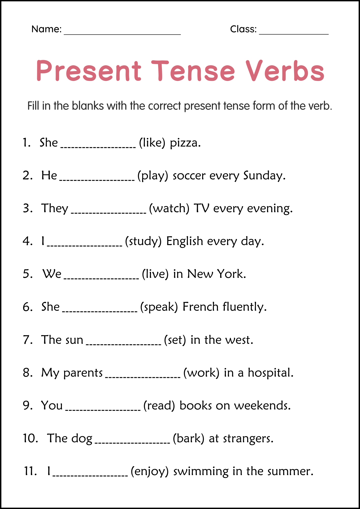 Printable Simple Present Tense Verbs Grammar Worksheets For Grade 2 3 4 Teaching Resources