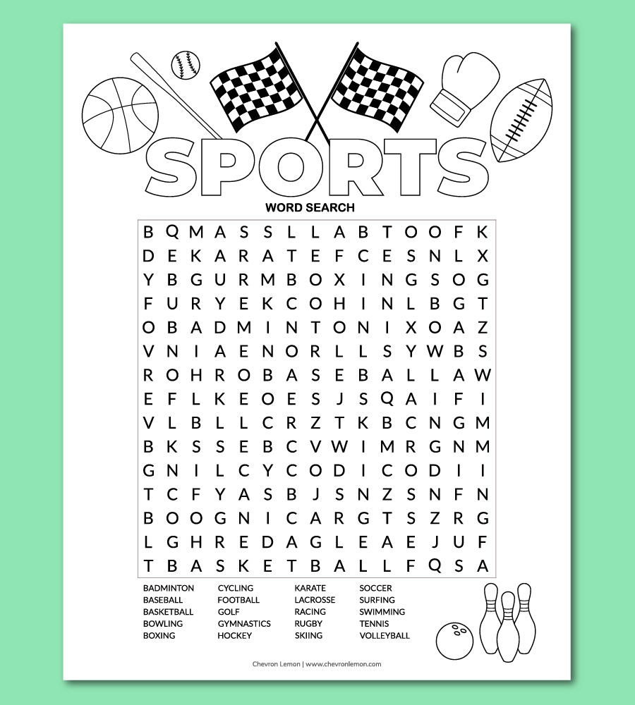 Printable Sports Word Search Puzzle Chevron Lemon Printable Sports Word Search Puzzle Chevron Lemon