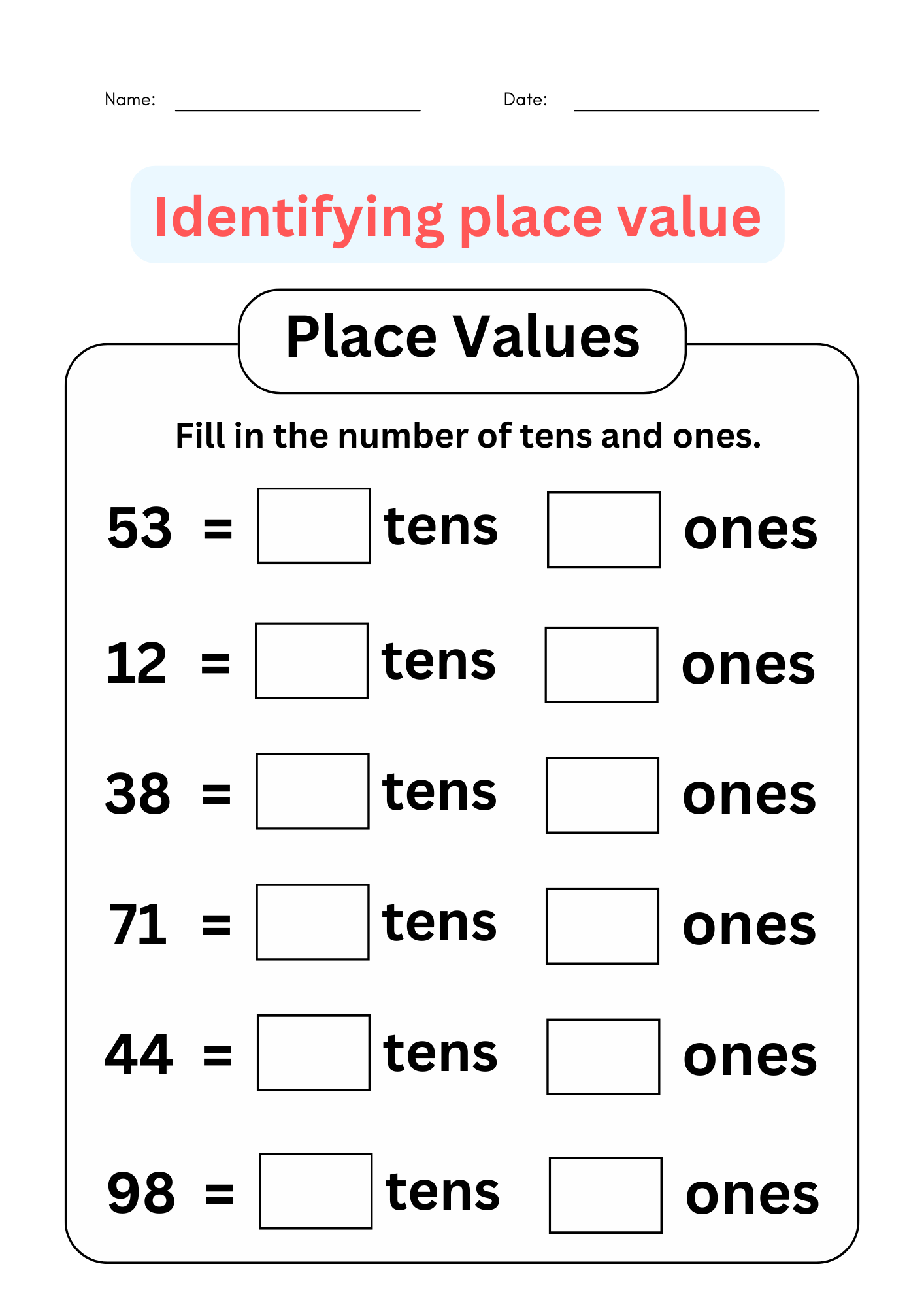 tens and ones sheet