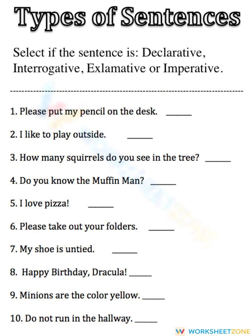 Printable Types Of Sentences Worksheets