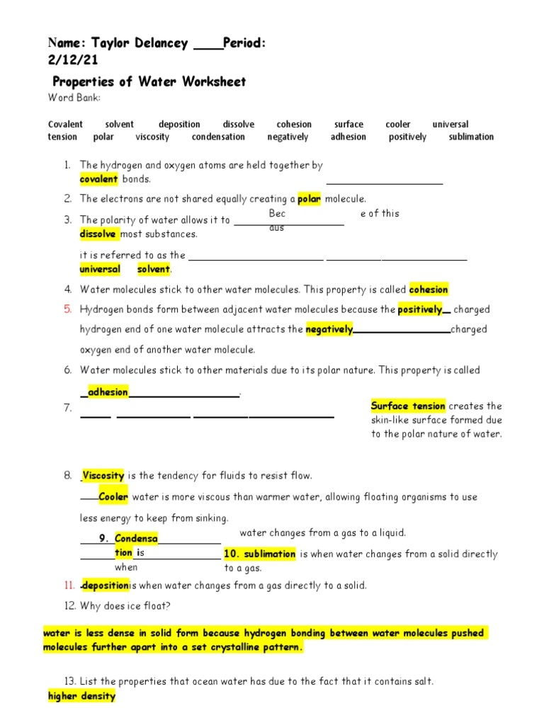 properties of water worksheet