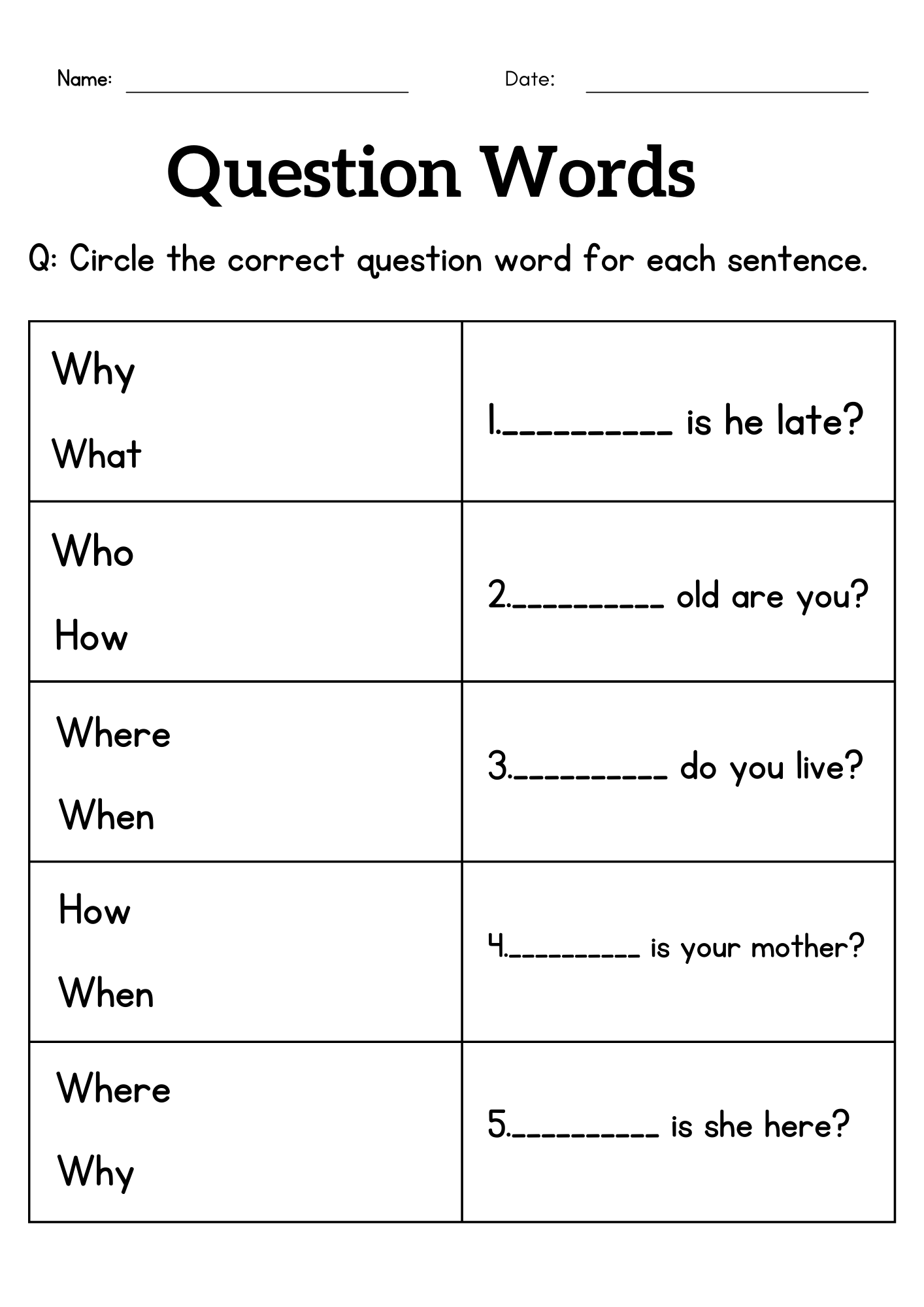 1st grade vocabulary worksheets