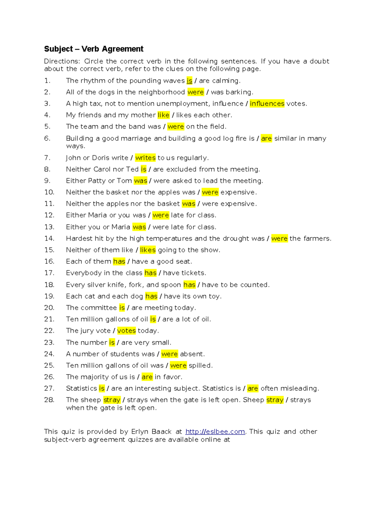 Quiz On Subject Verb Agreement Practice Questions And Answers Studocu