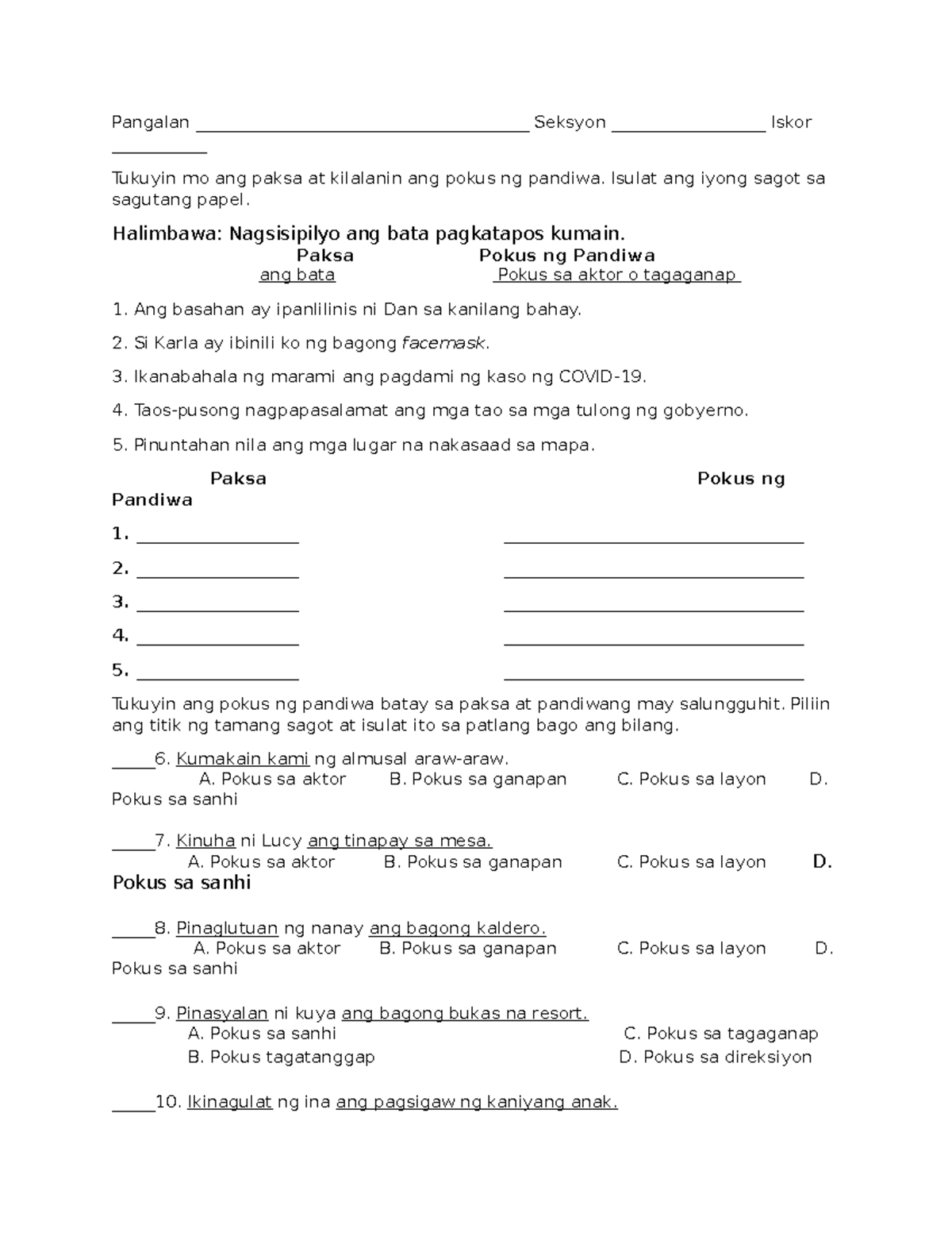 Quiz Sa Pokus Ng Pandiwa Study Notes Studocu