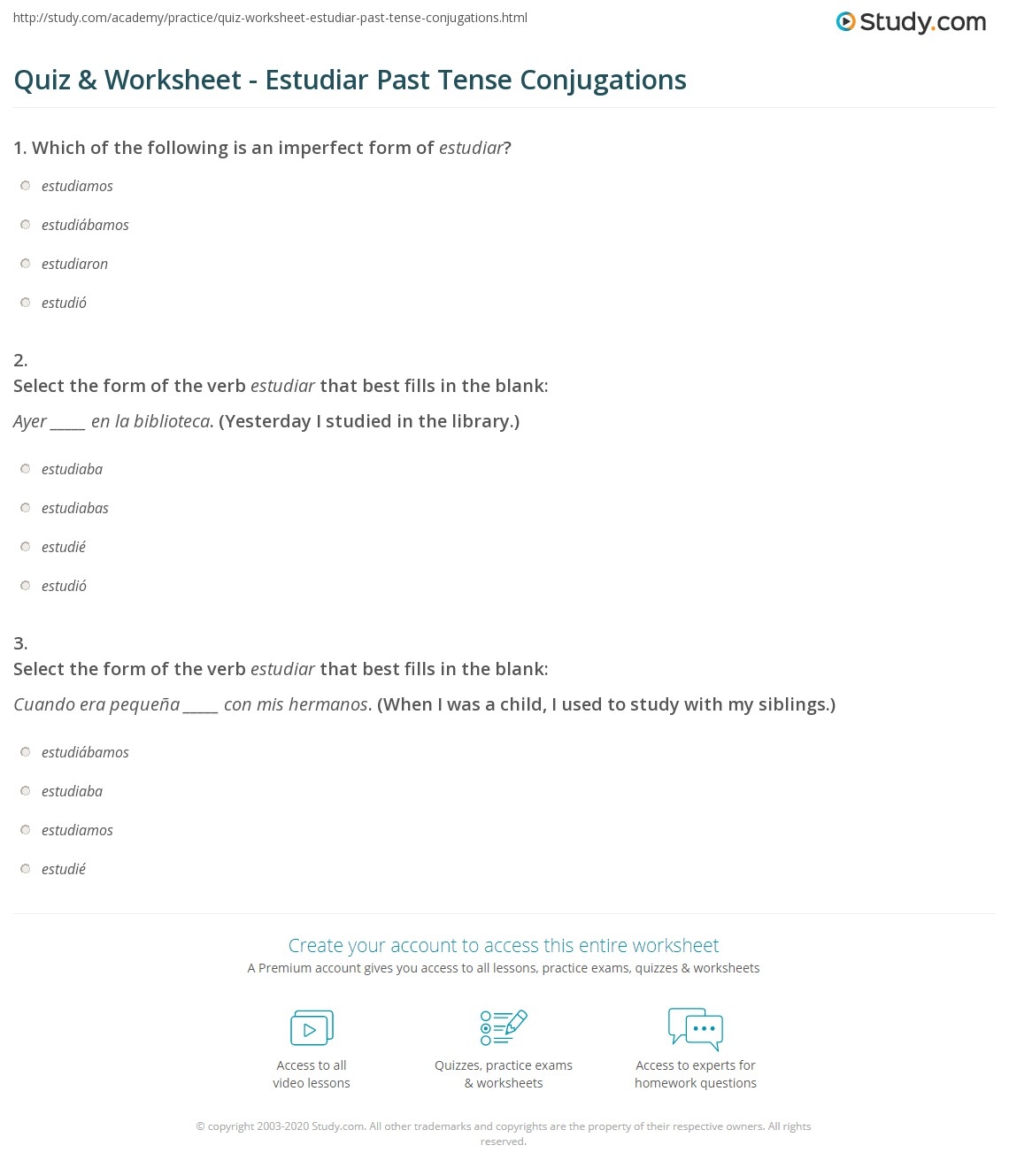 Quiz Worksheet Estudiar Past Tense Conjugations Study