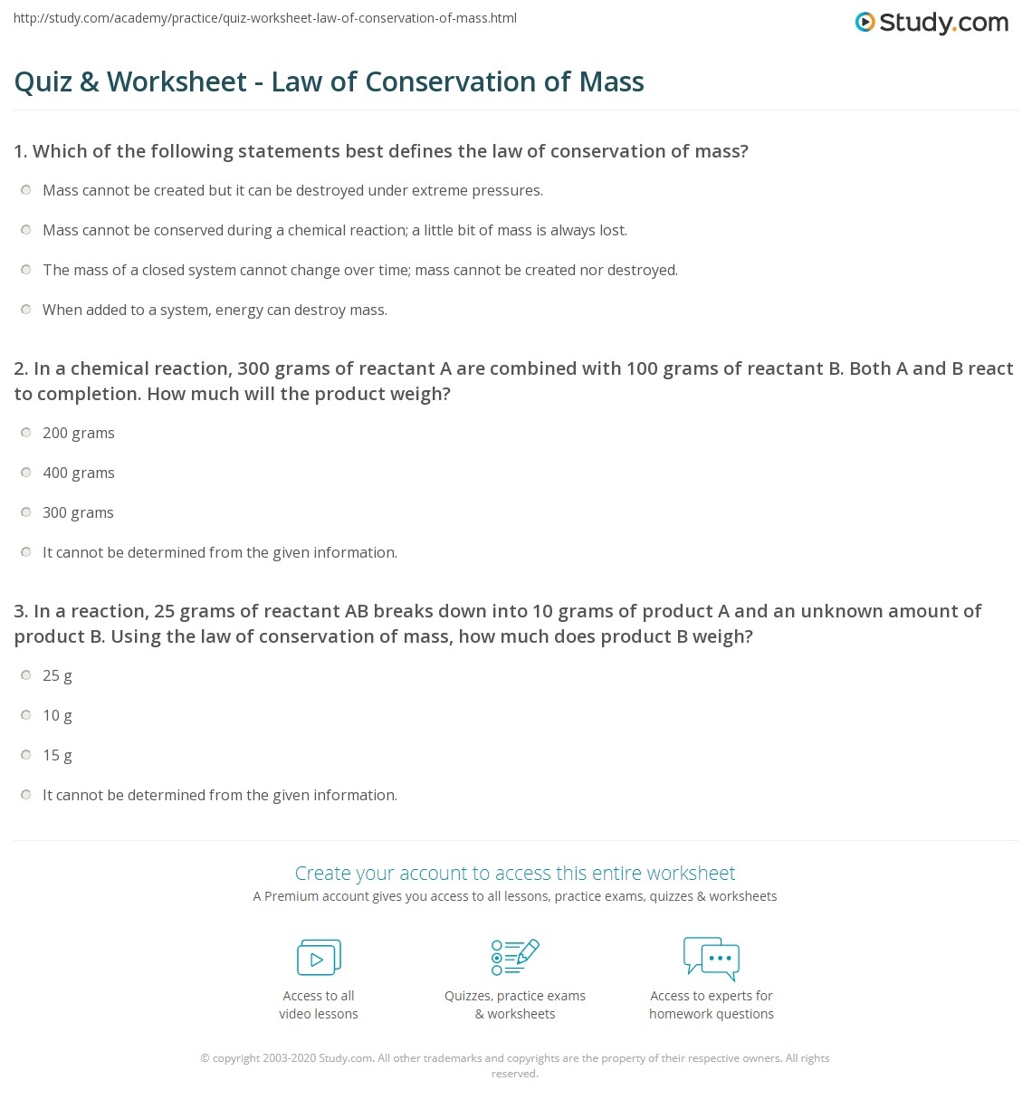 law of conservation of mass worksheet