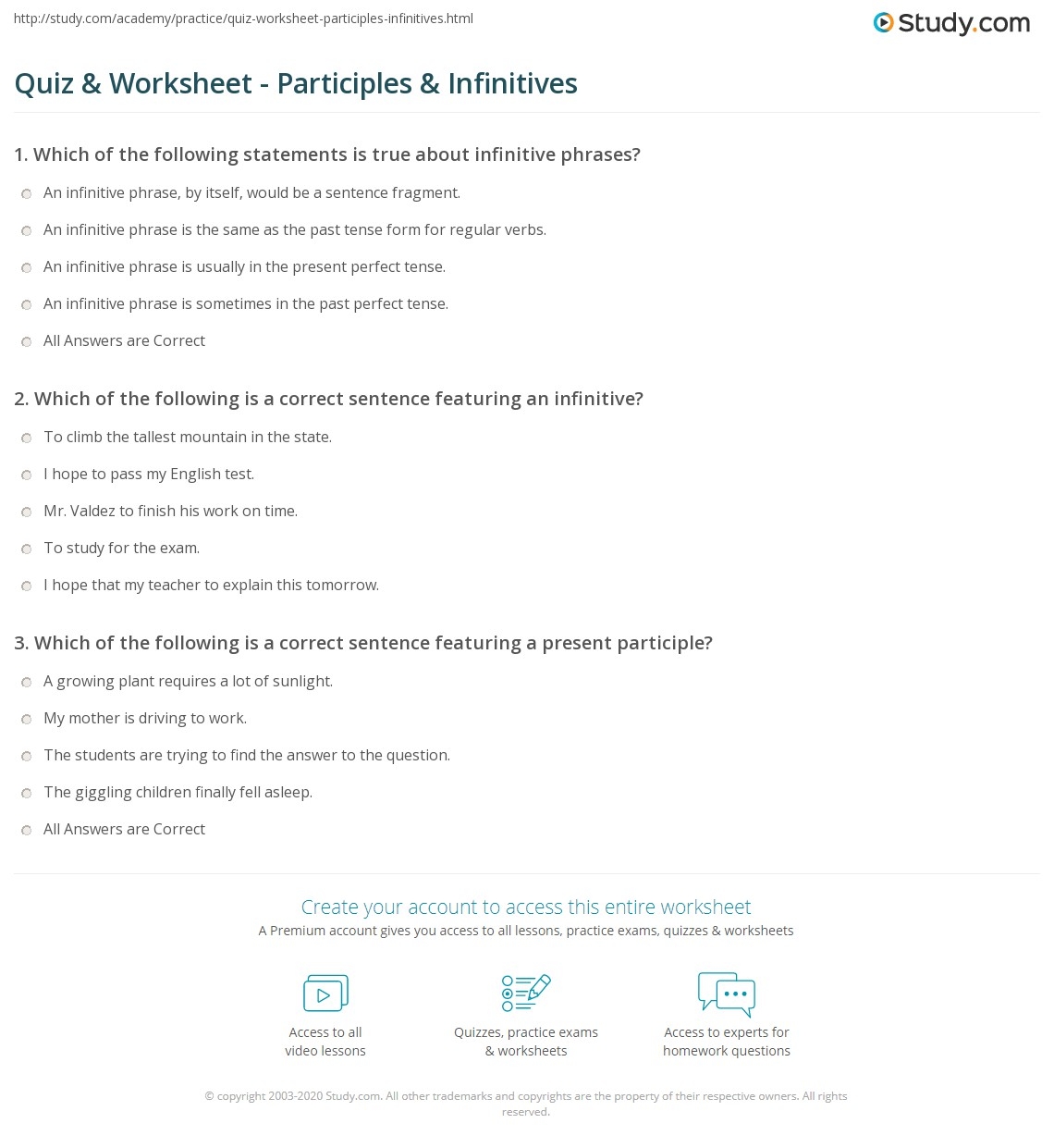 Quiz Worksheet Participles Infinitives Study