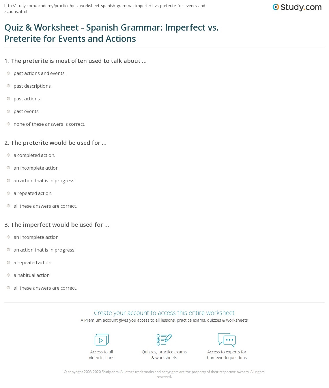 Quiz Worksheet Spanish Grammar Imperfect Vs Preterite For Events And Actions Study