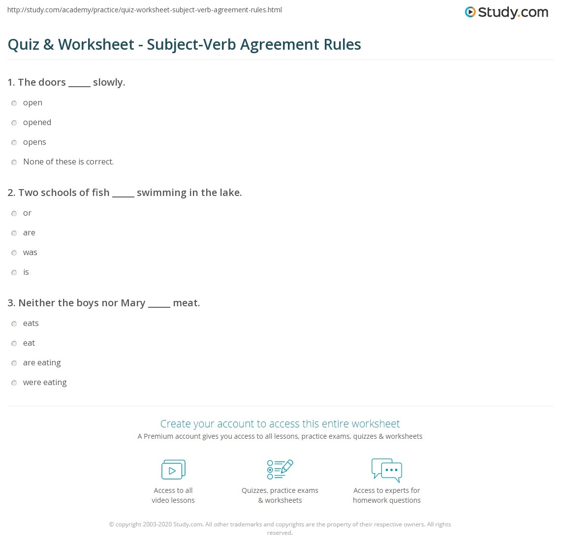 Quiz Worksheet Subject Verb Agreement Rules Study