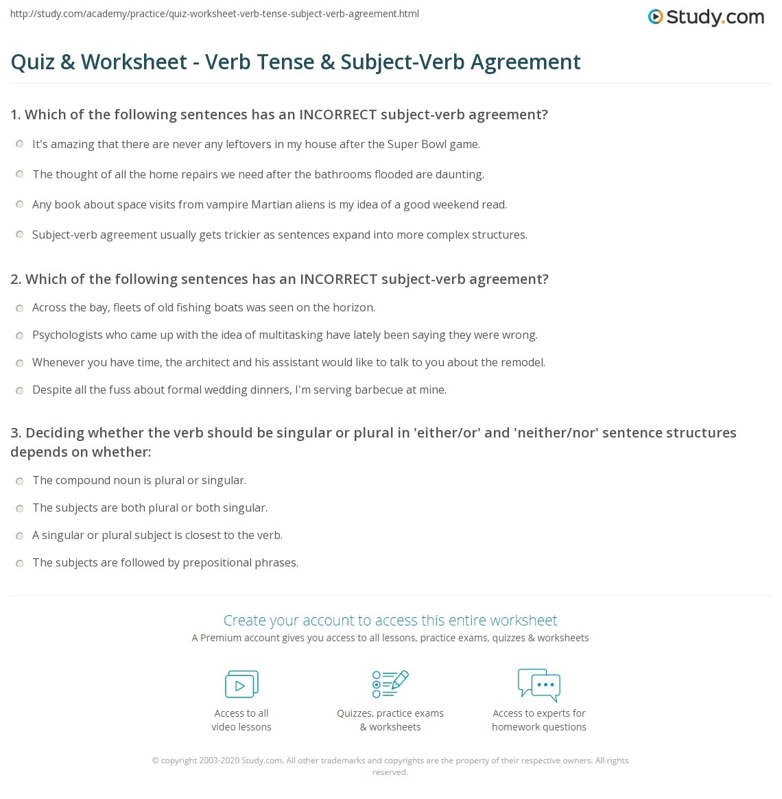 Quiz Worksheet Verb Tense Subject Verb Agreement Study