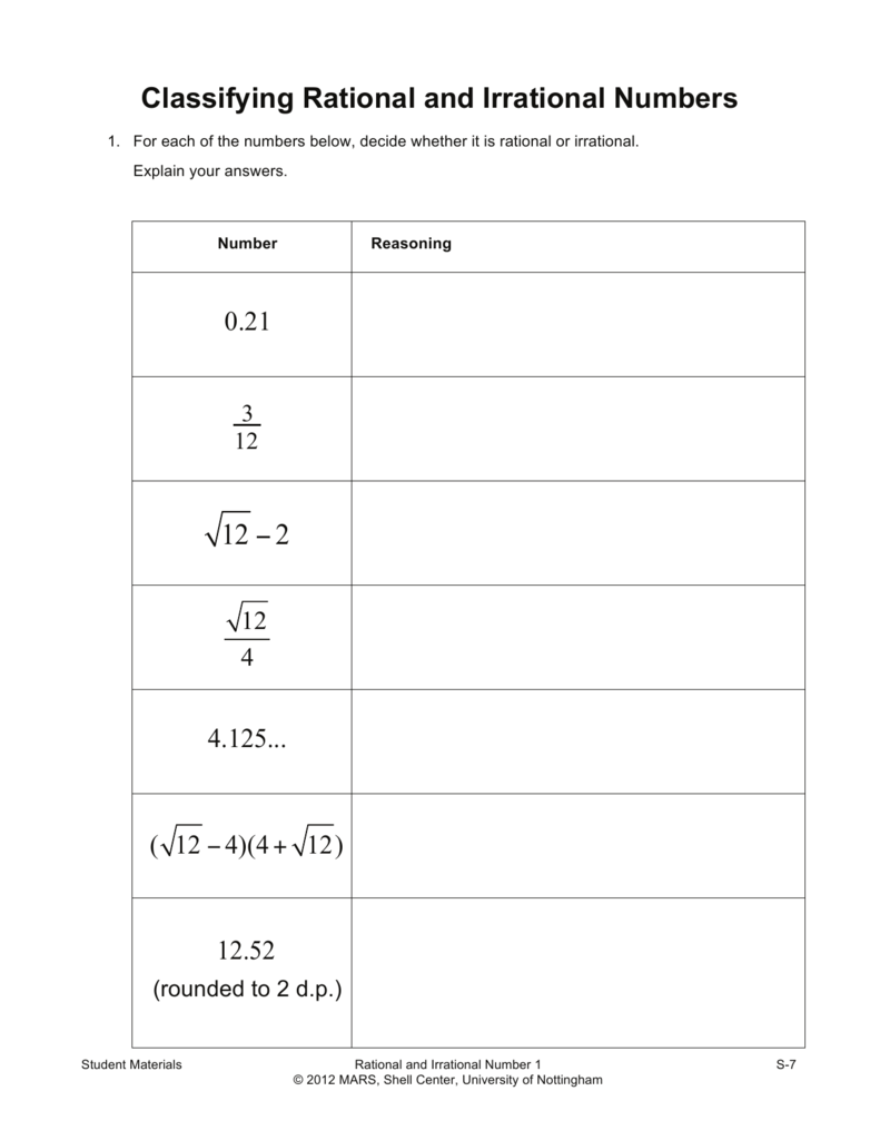 Rational Irrational Numbers Worksheet