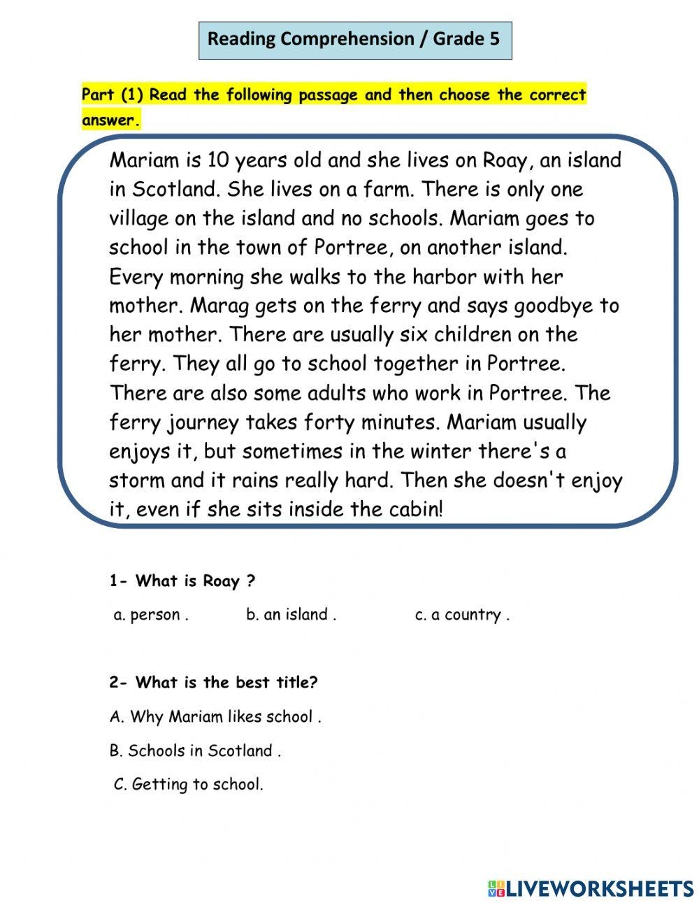 reading worksheets for 5th grade