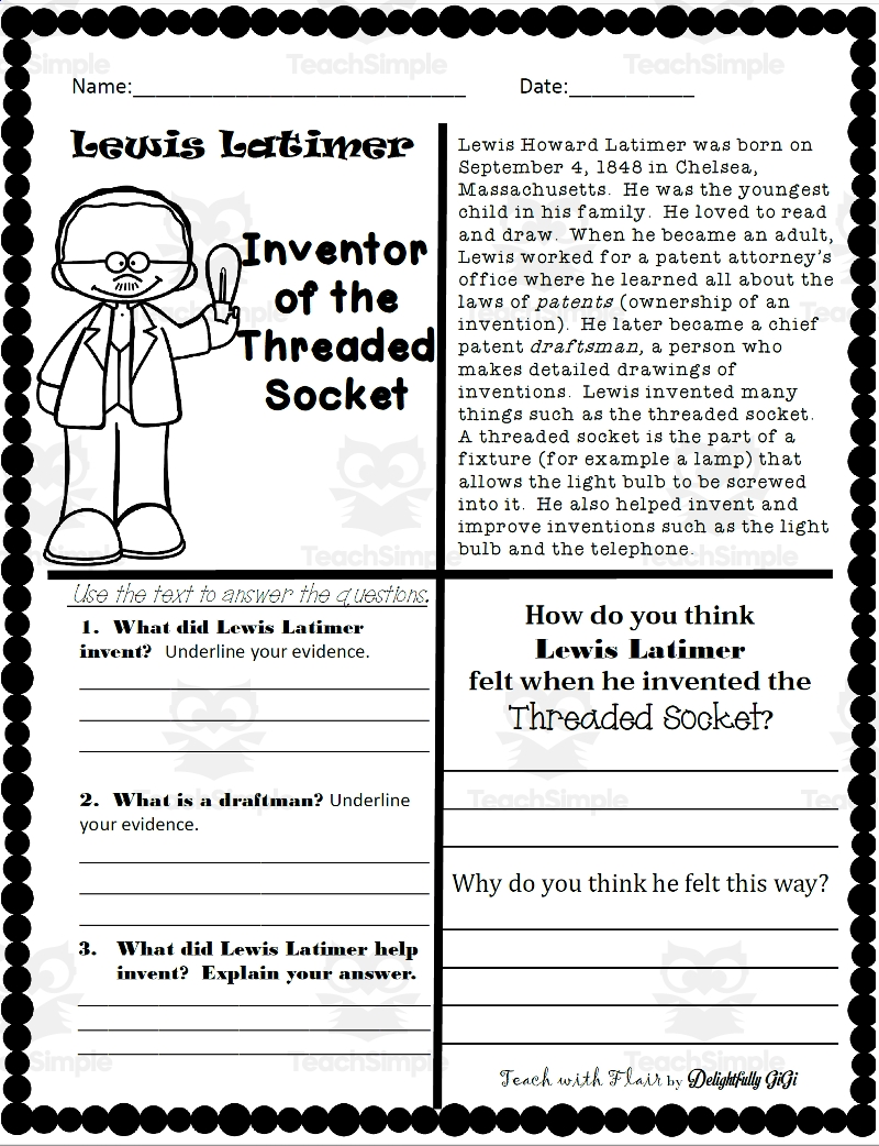 Reading Comprehension For Black History Month Lewis Latimer By Teach Simple