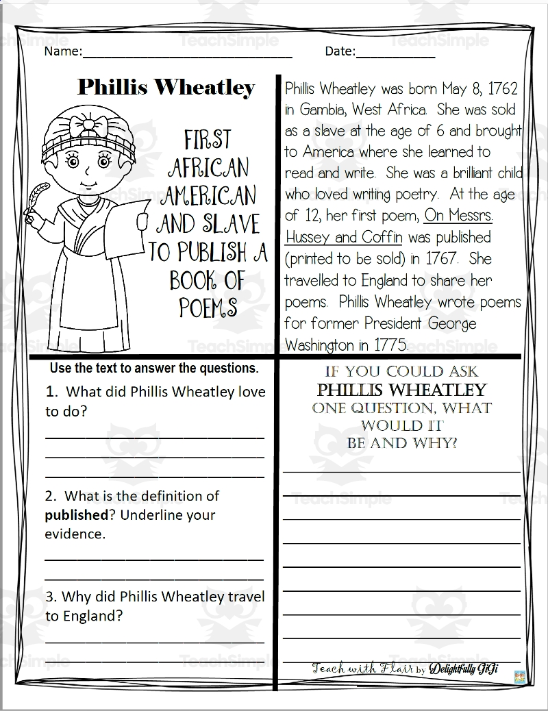Reading Comprehension For Black History Month Phillis Wheatley By Teach Simple
