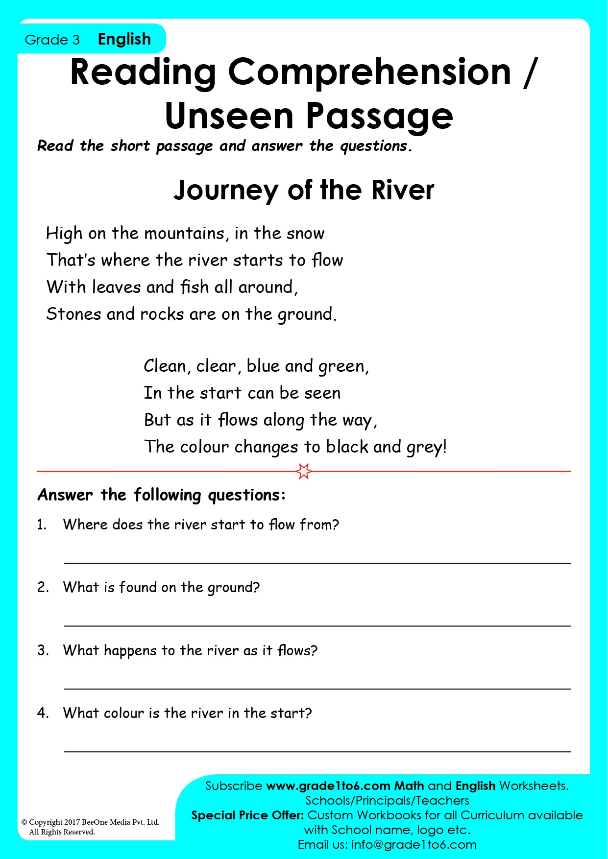 Reading Comprehension For Class 3 Grade1to6