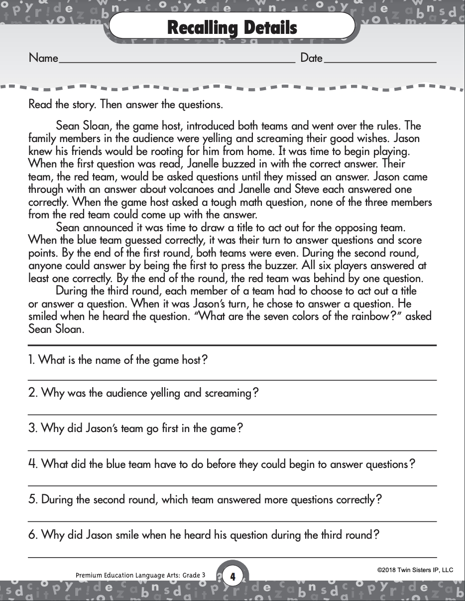 Reading Comprehension Language Arts Printable Workbook For Grade 3 By Teach Simple