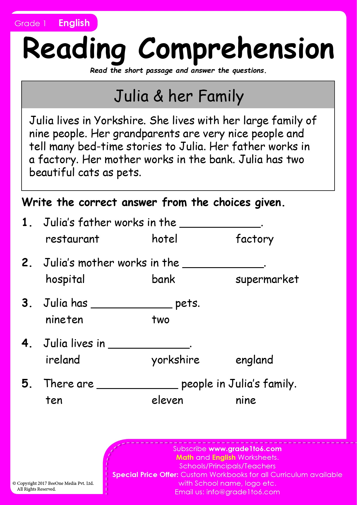 Reading Comprehension Passages Grade 1 PYP IB