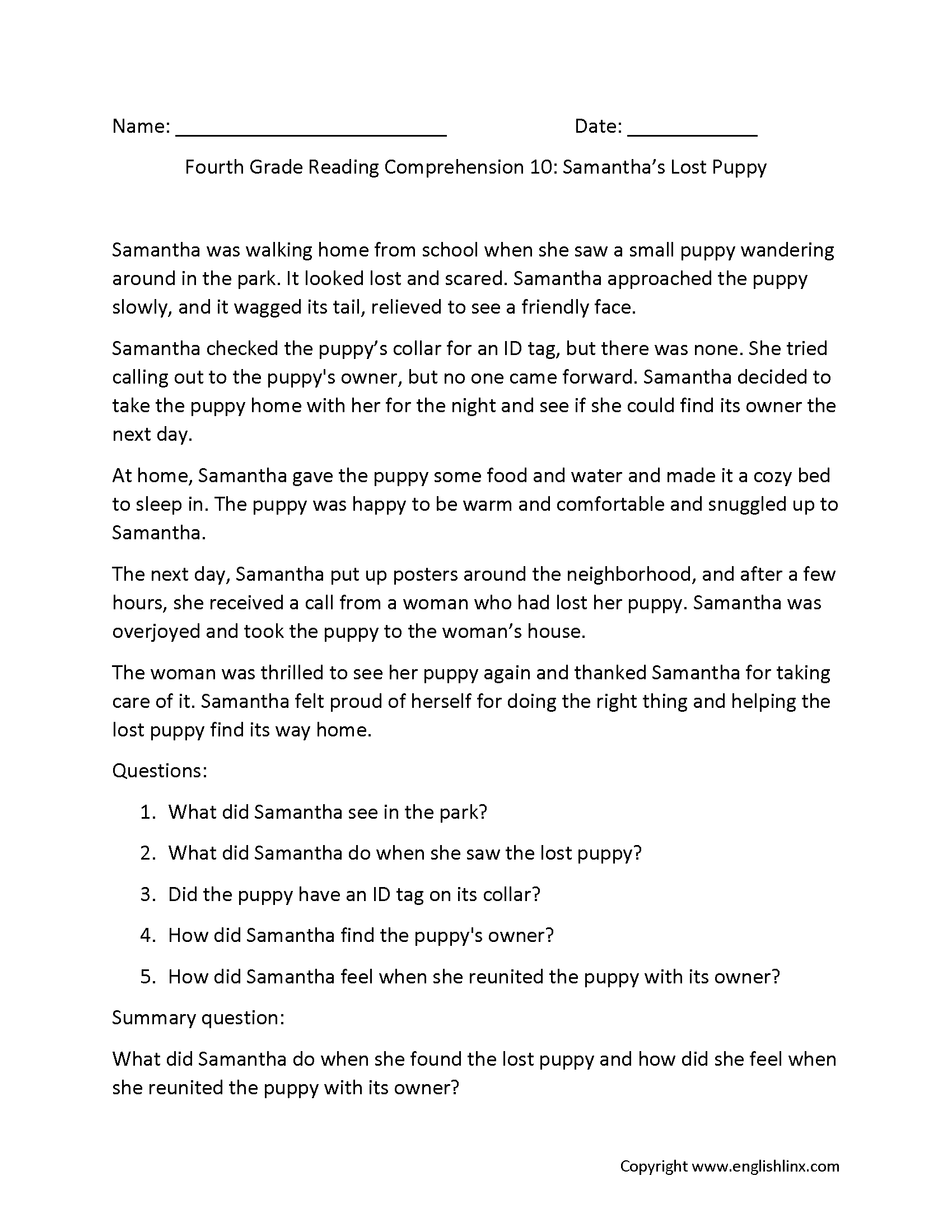 reading comprehension worksheets grade 4
