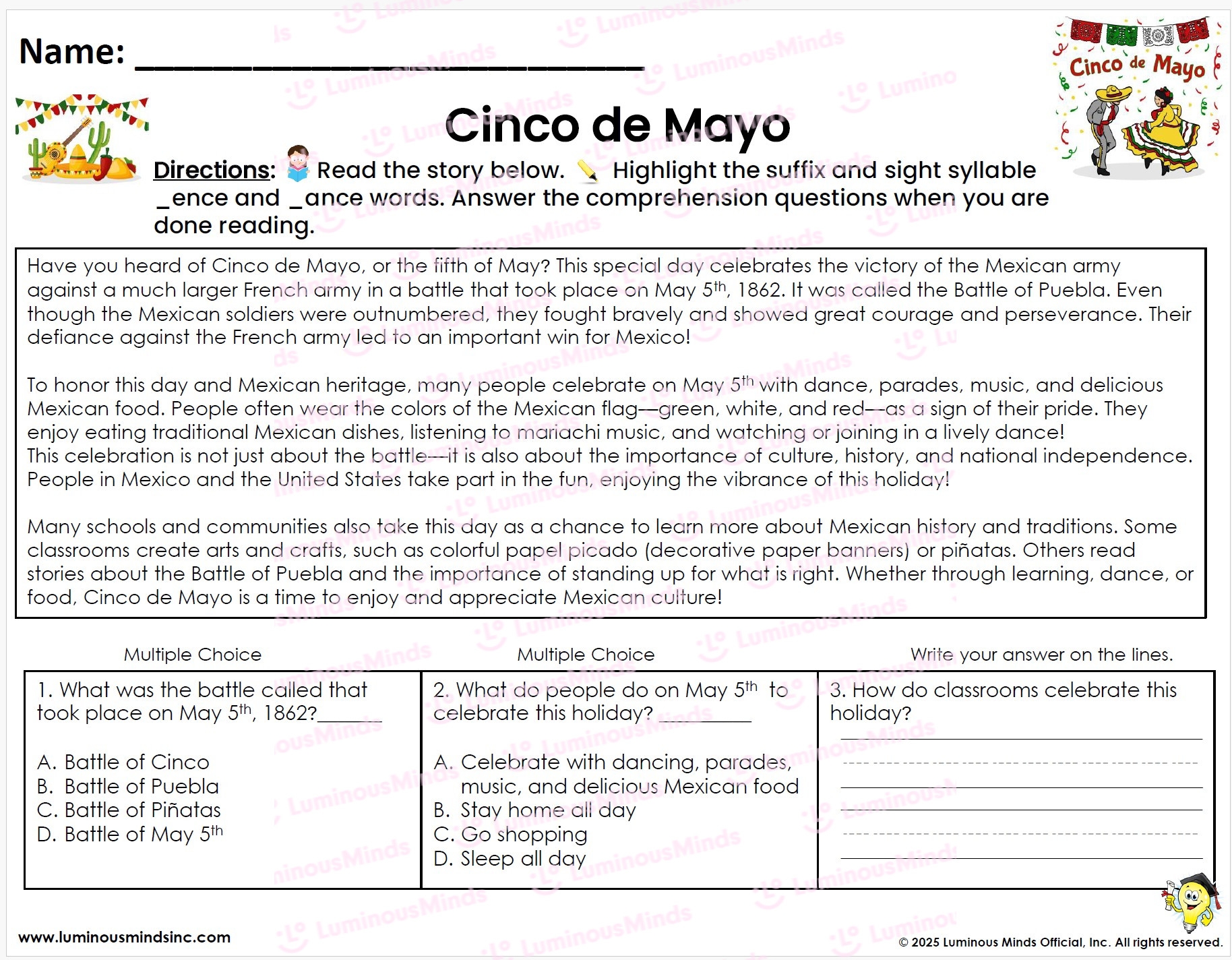 Reading Comprehension Worksheets FREEBIE Cinco De Mayo Reading Comprehension Passage