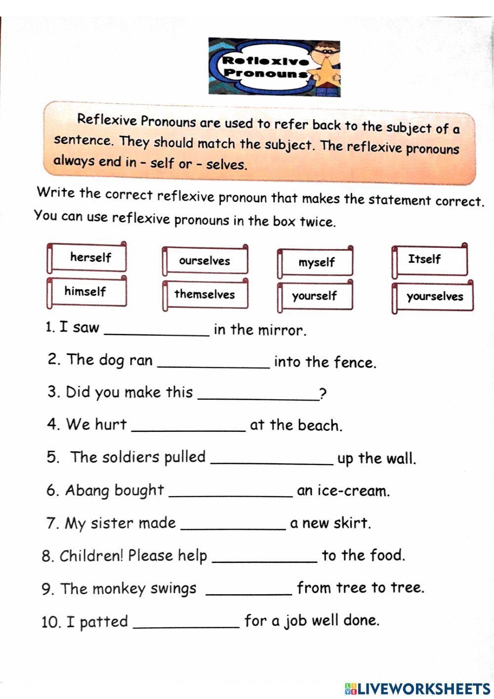 Reflexive Pronouns Worksheet For Grade 1 Worksheets Library