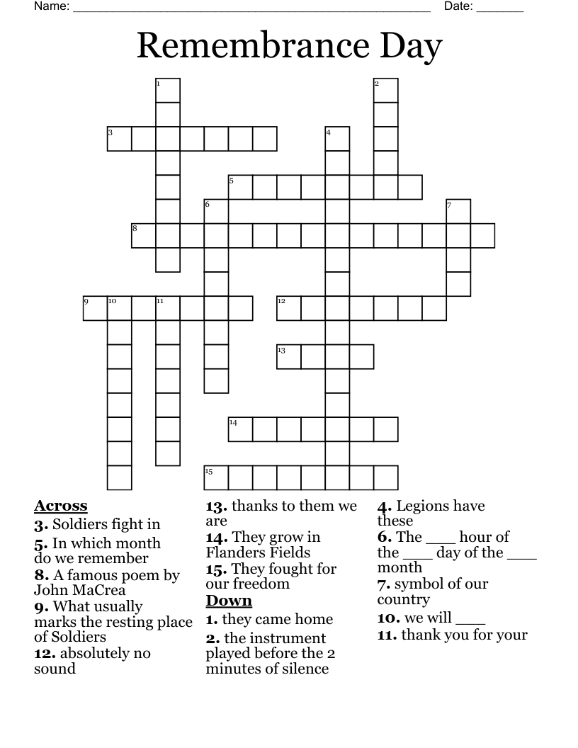 Remembrance Day Crossword WordMint Remembrance Day Crossword WordMint