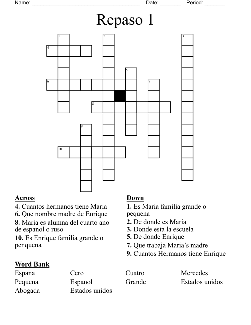 Repaso 1 Crossword WordMint