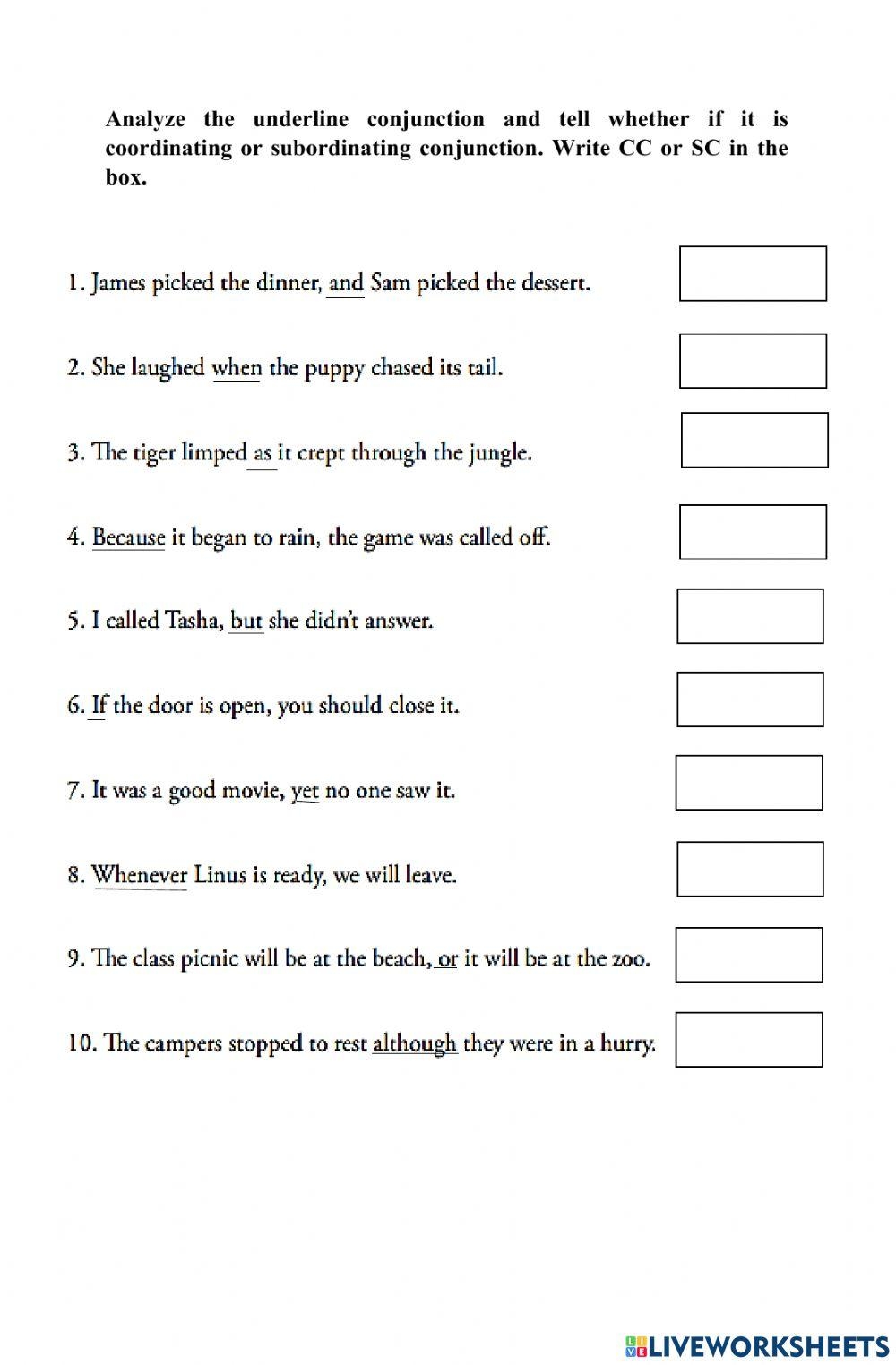 coordinating and subordinating conjunctions worksheet