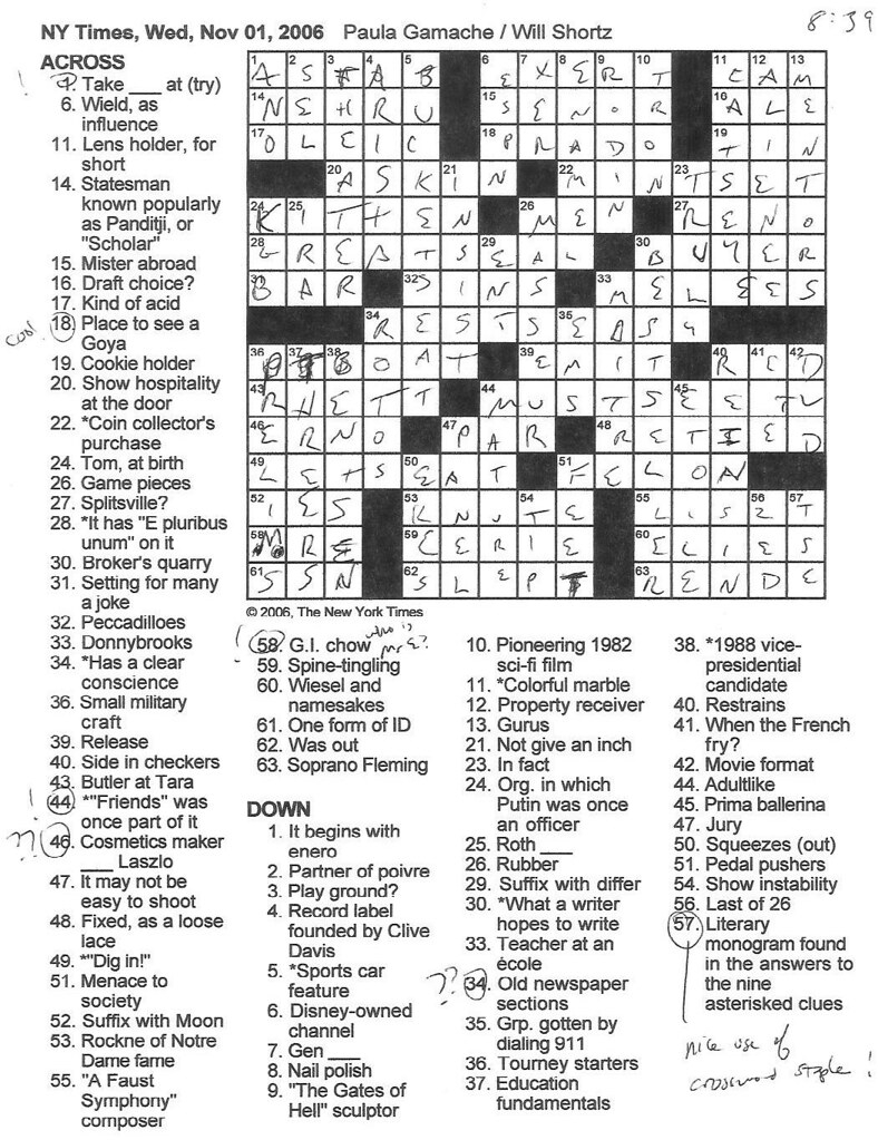 Rex Parker Does The NYT Crossword Puzzle WEDNESDAY Nov 1 2006 Paula Gamache