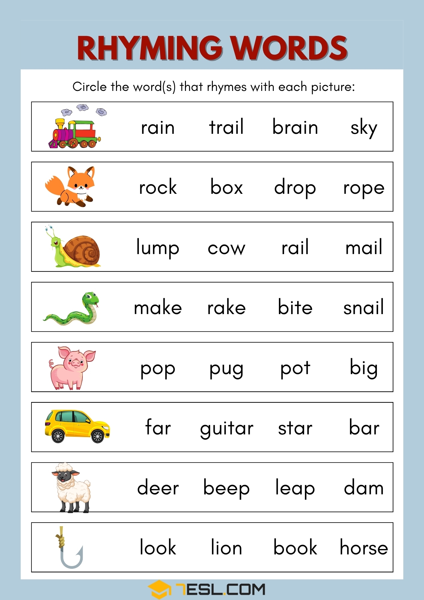 Rhyming Words Worksheets For Kids 7ESL