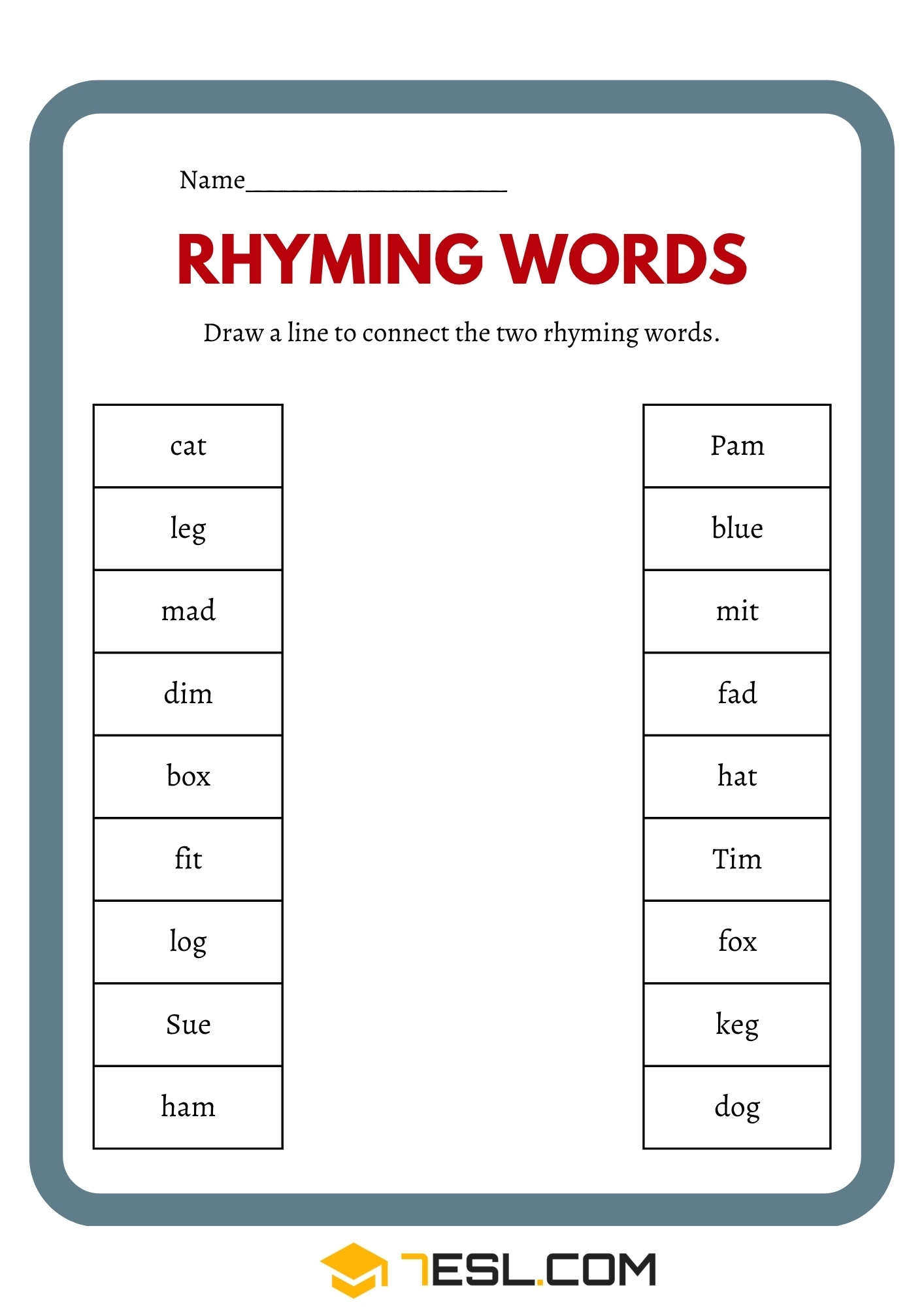Rhyming Words Worksheets For Kids 7ESL
