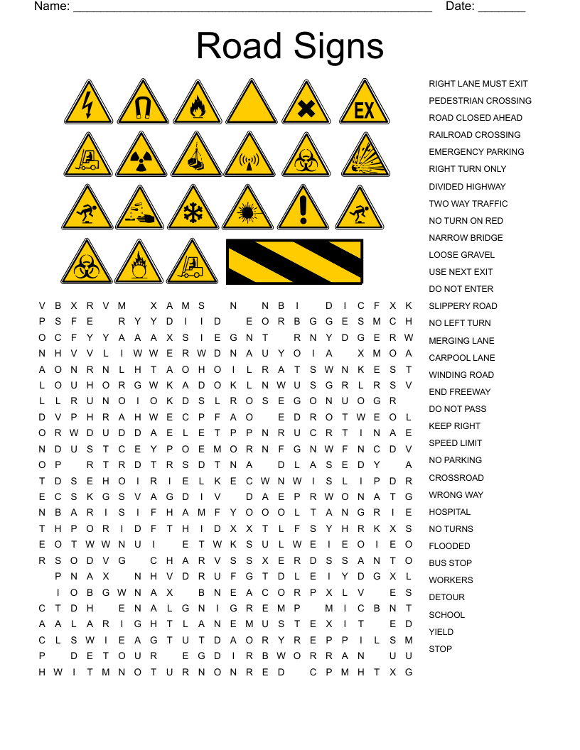 Road Signs Word Search WordMint
