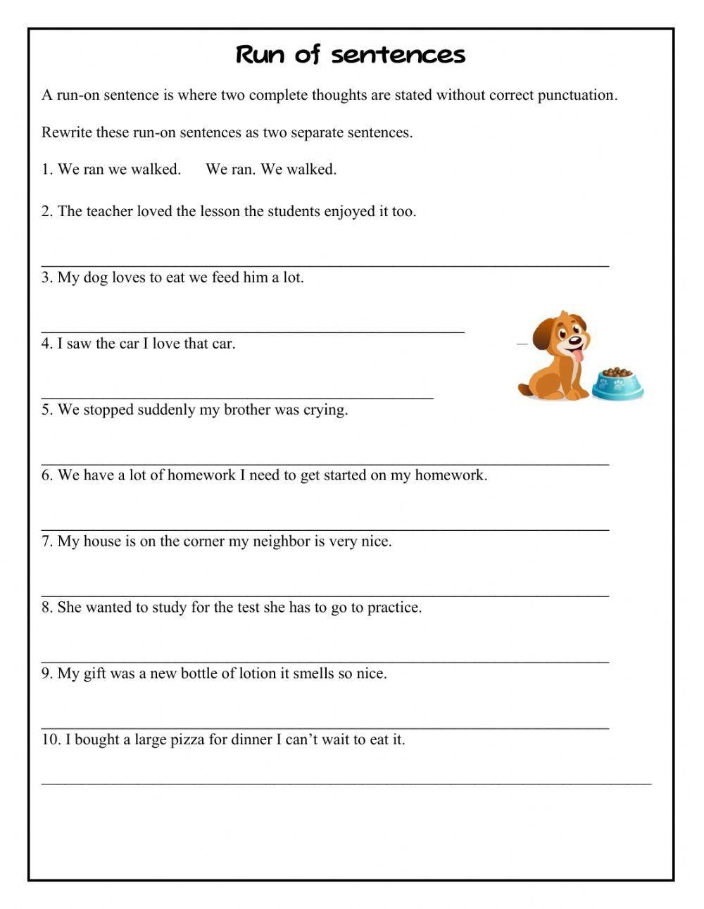 run on sentence worksheet run on sentence worksheet