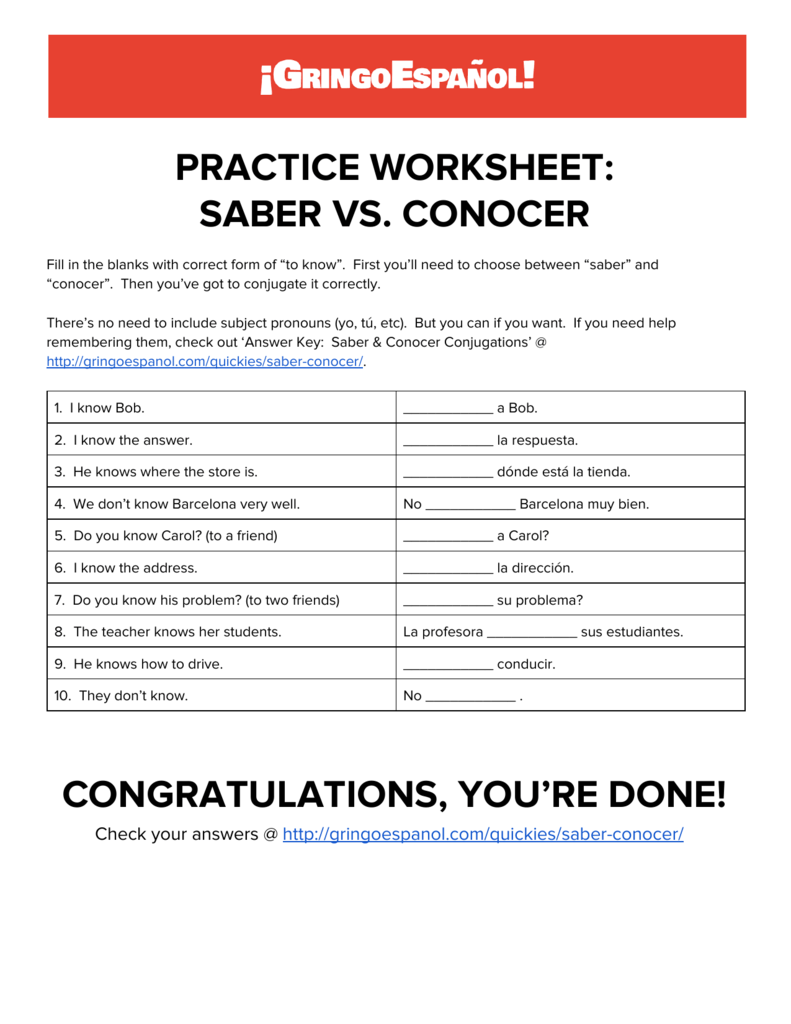 Saber Vs Conocer Spanish Verb Practice Worksheet