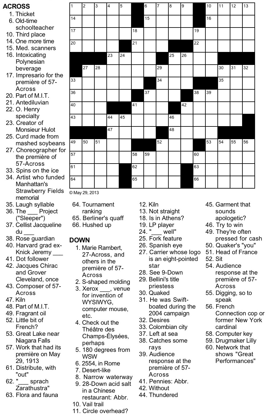 Sacre Bleu Music Tribute Crossword Puzzle