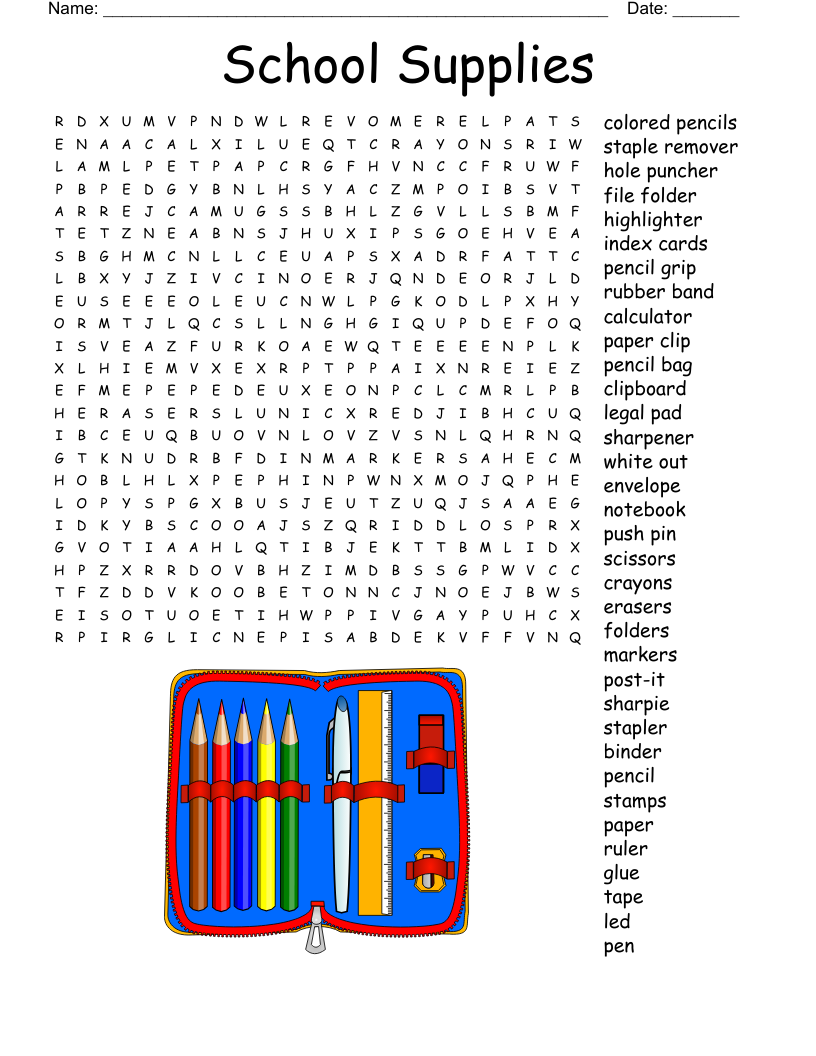 School Supplies Crossword WordMint