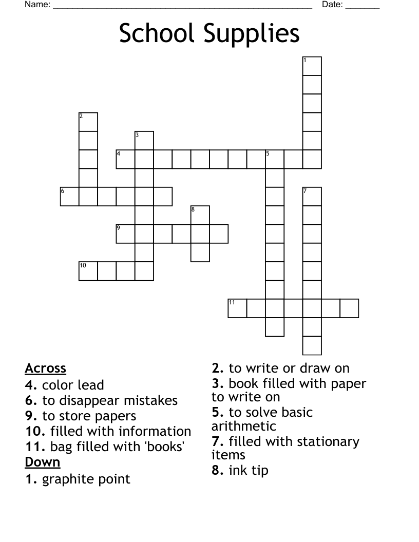 School Supplies Crossword WordMint