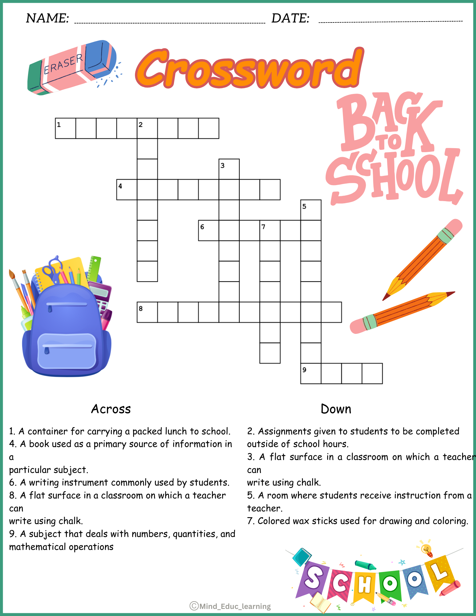 School Vocabulary Crossword Puzzle Worksheet Activity Made By Teachers