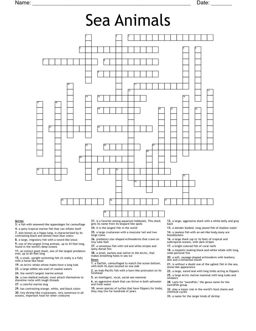 Sea Animals Crossword WordMint