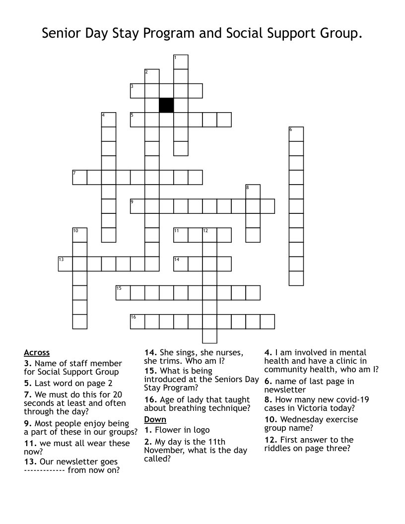 Senior Day Stay Program And Social Support Group Crossword WordMint