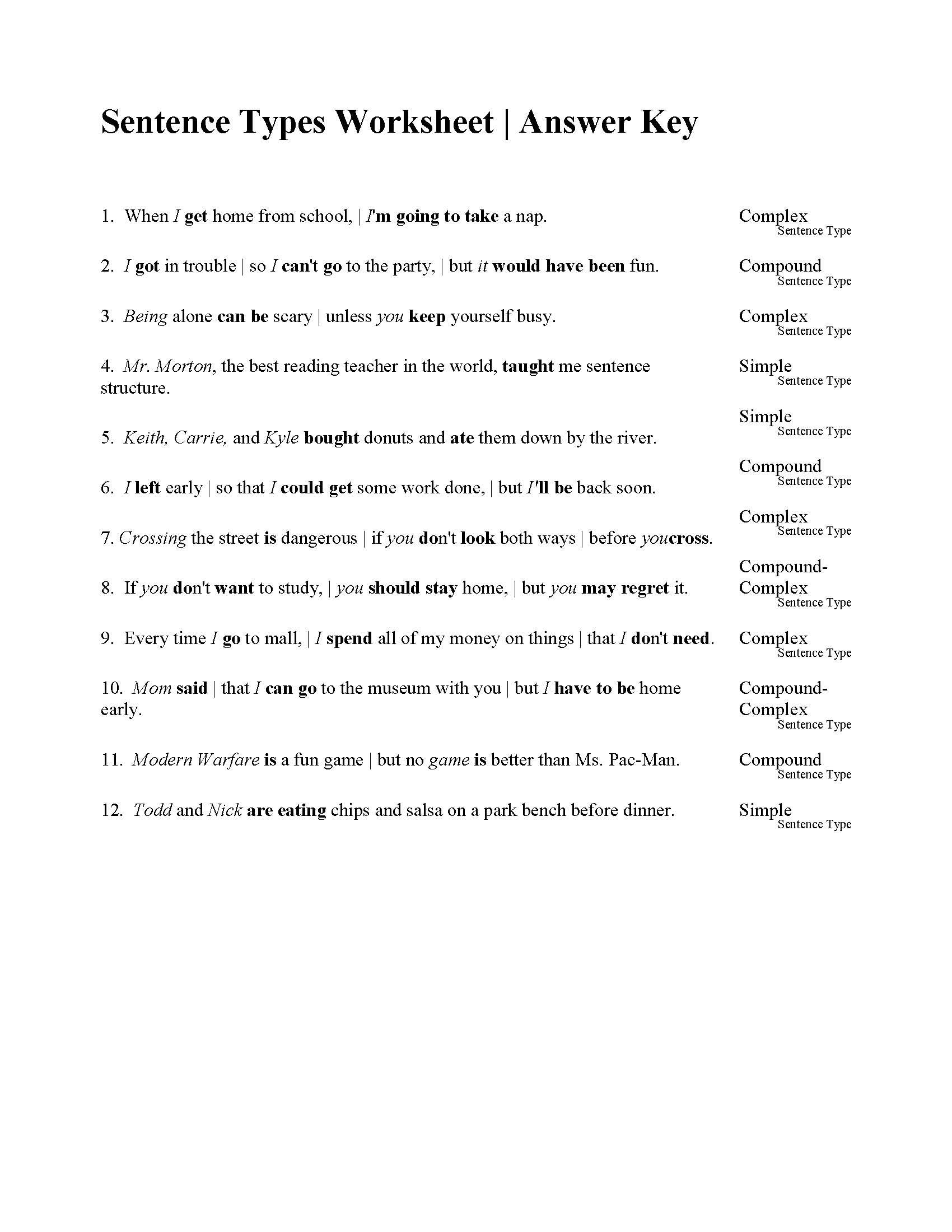 Sentence Types Worksheet Sentence Structure Activity