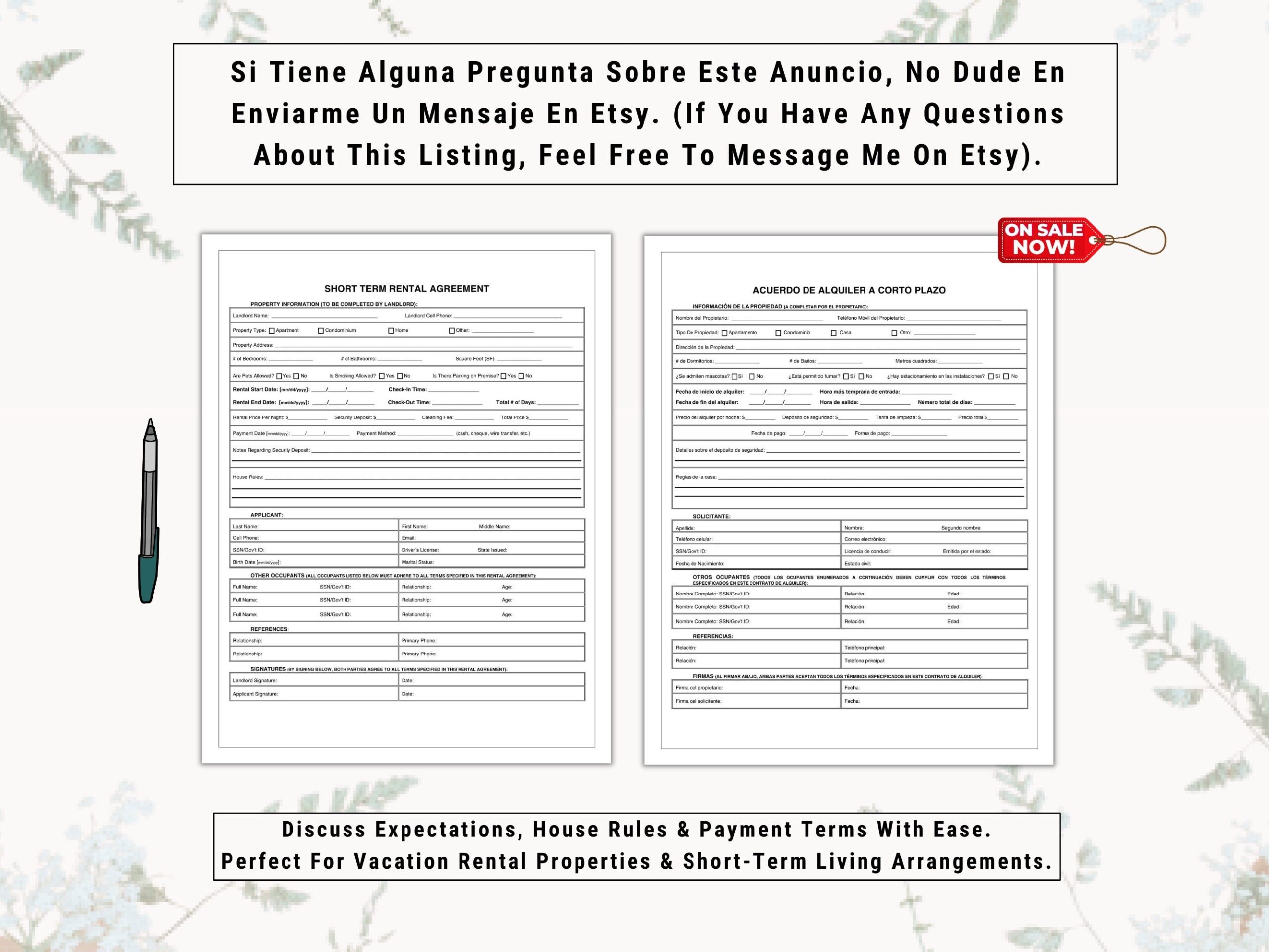 Short Term Rental Lease Agreement Set In English Spanish Contrato De Alquiler A Corto Plazo En Ingl s Y Espa ol Bilingual Rental Set Etsy