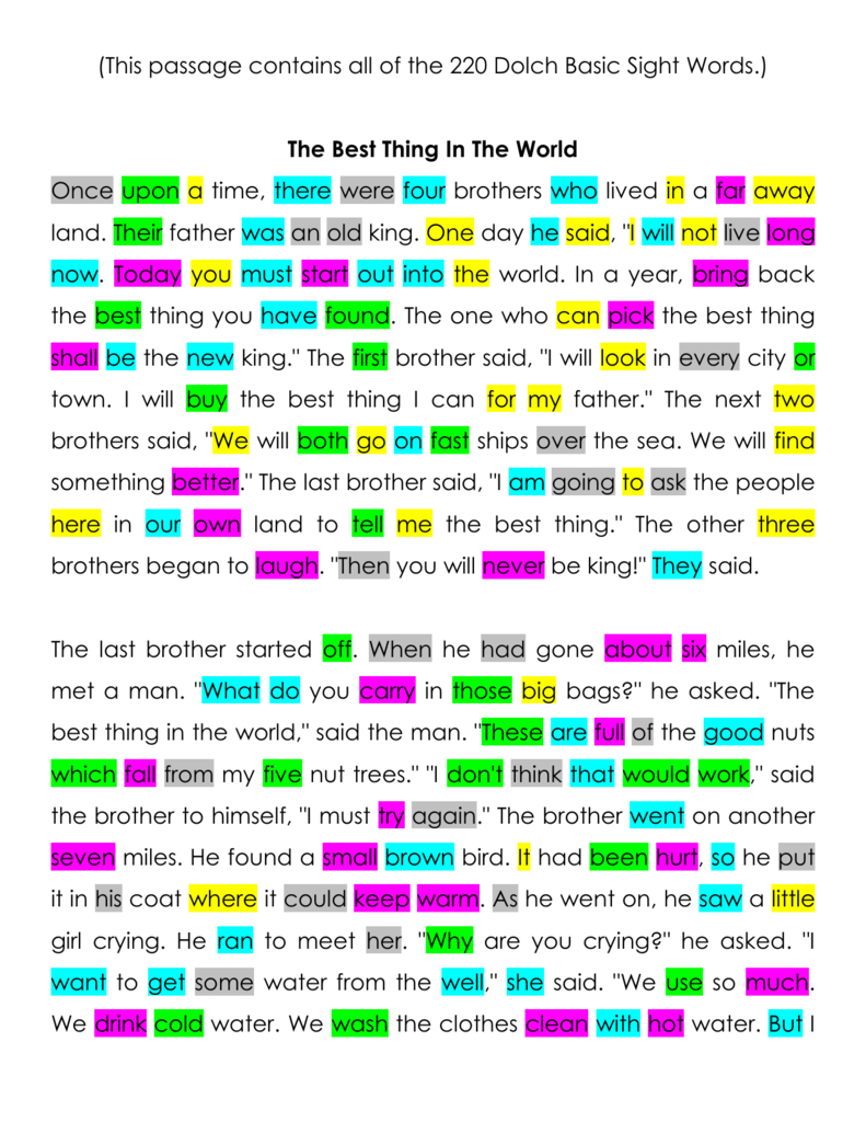 Sight Word Story The Best Thing In The World