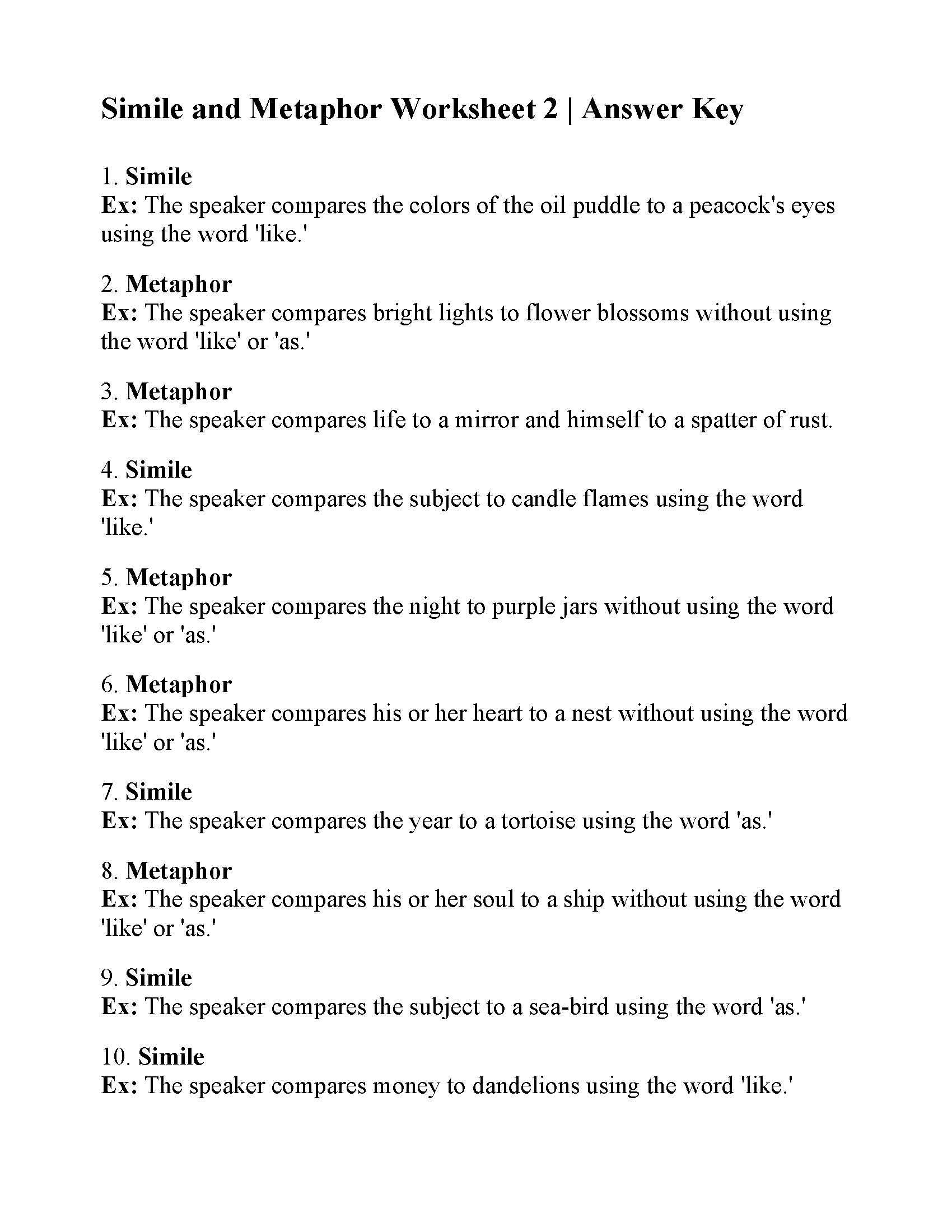 similes and metaphors worksheets