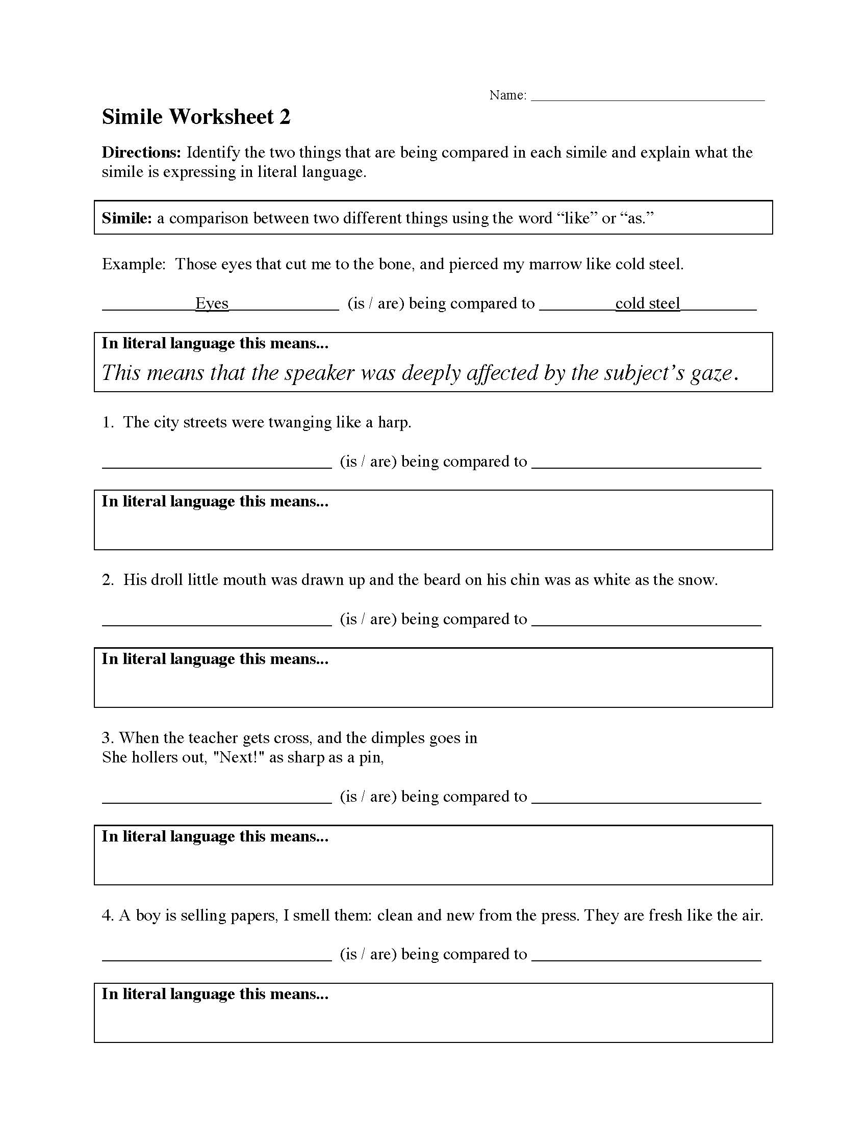 Simile Worksheet 2 Figurative Language Activity