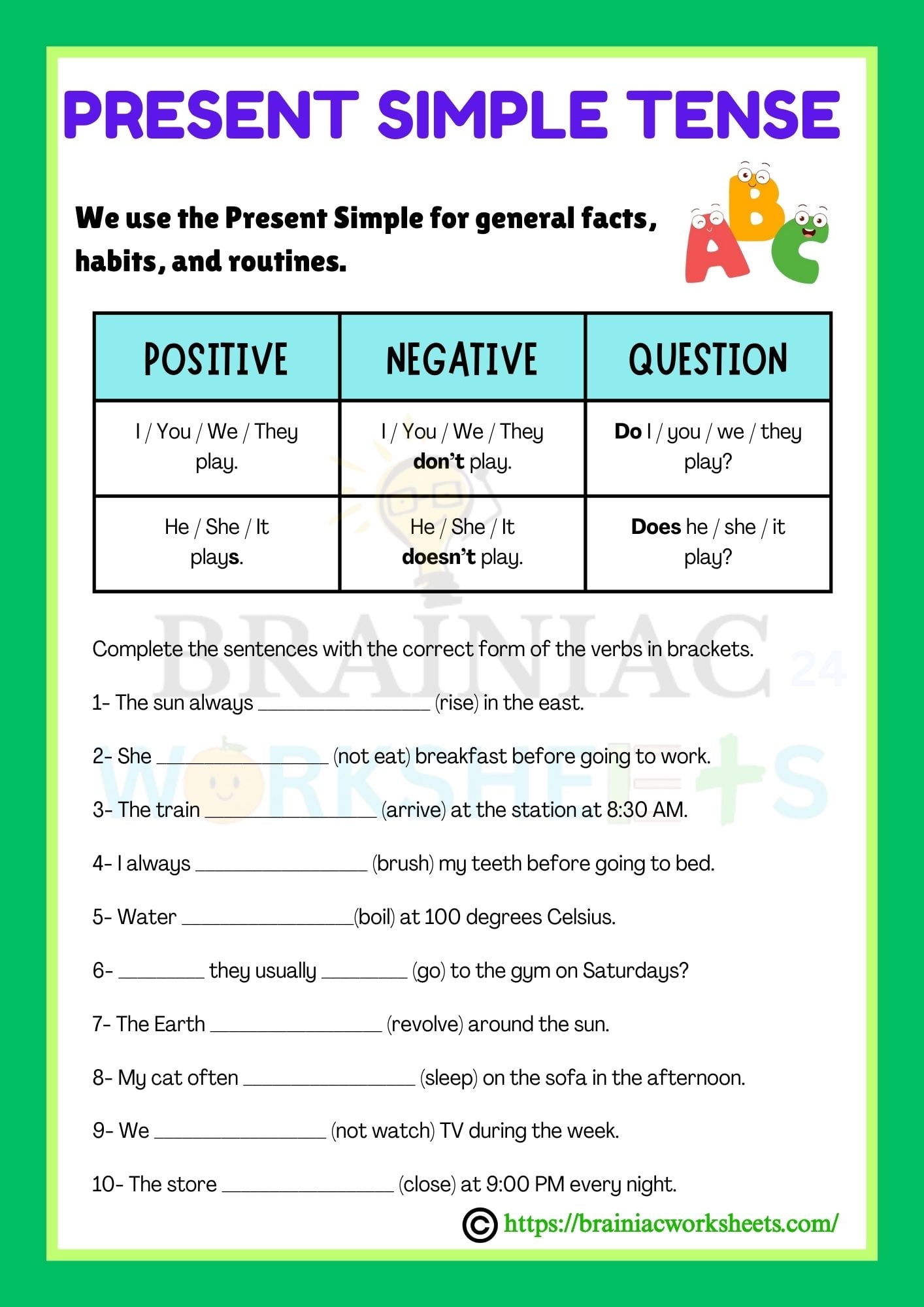 Simple Present Tense Class 4 English Worksheet Brainiac Worksheets