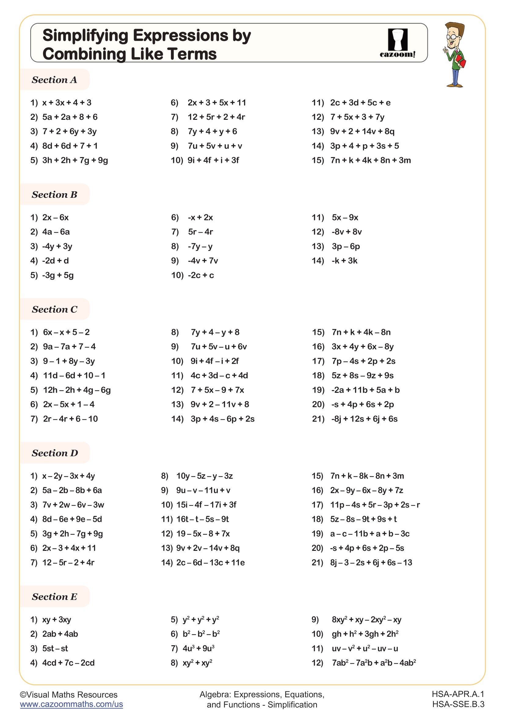 Simplifying Expressions By Combining Like Terms Worksheet Algebra I PDF Worksheets Cazoom Math