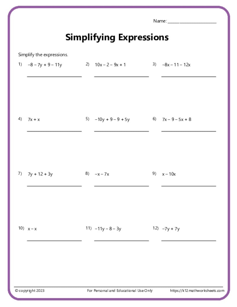 Simplifying Expressions Worksheets K12 Math Worksheets
